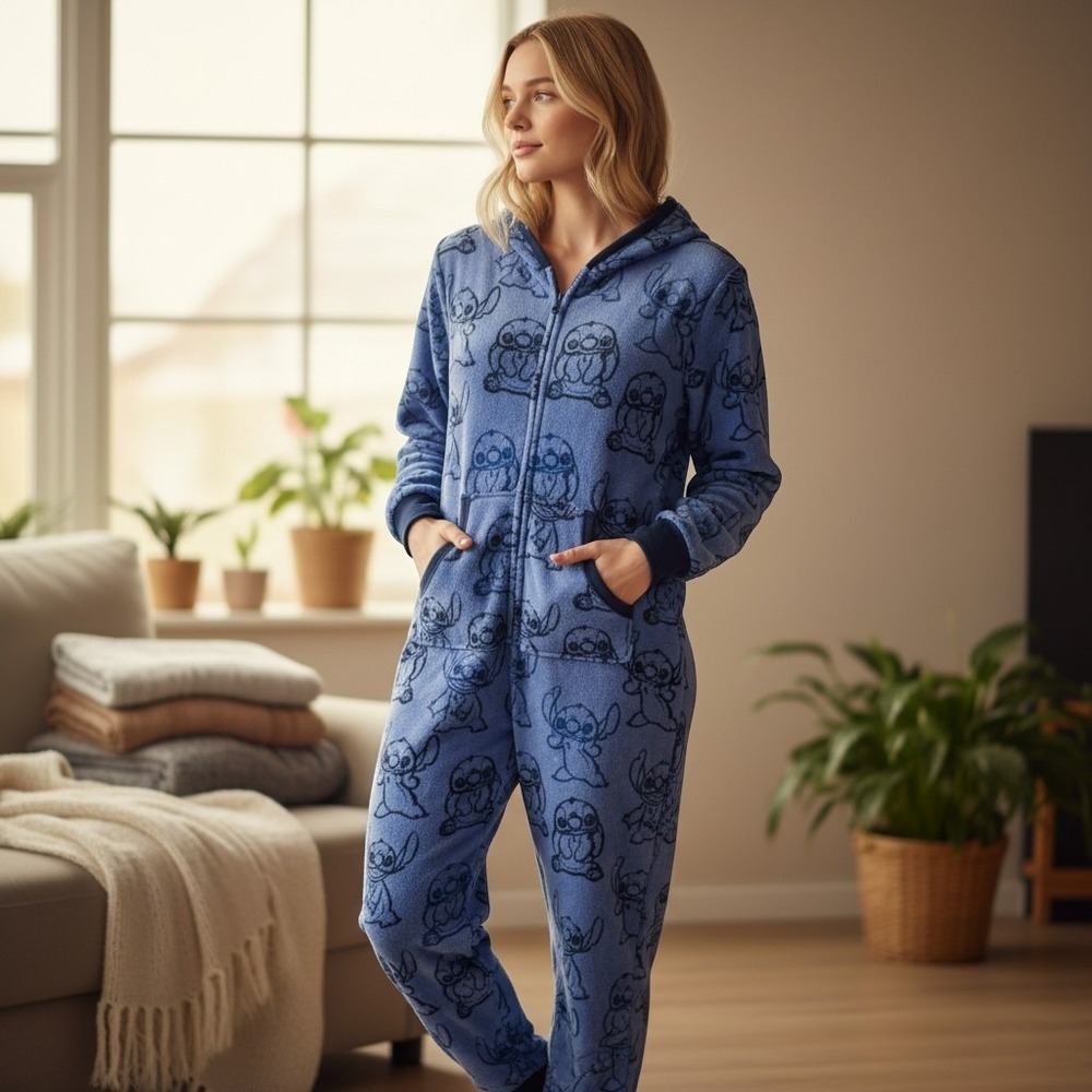 Disney Lilo & Stitch Womens Hooded One Piece Pajama Union Suit Blue M LZ44903CA